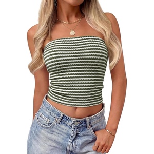 image:imageZESICA Womens Striped Strapless Crop Knit Tube TopsArmygreen