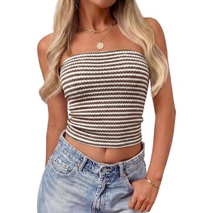 image:imageZESICA Womens Striped Strapless Crop Knit Tube TopsBrown