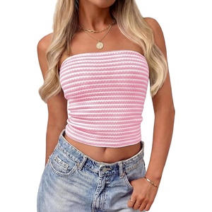 image:imageZESICA Womens Striped Strapless Crop Knit Tube TopsPink