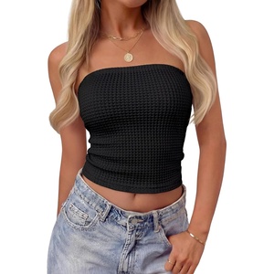 image:imageZESICA Womens Striped Strapless Crop Knit Tube TopsSolidblack