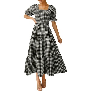 image:imageZESICA Womens Summer Boho Gingham Puff Sleeve Square Neck Beach Midi DressBlack