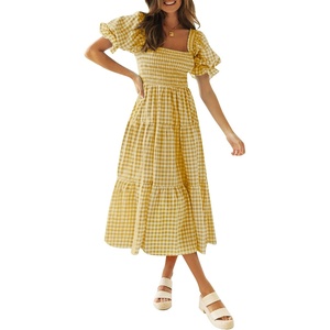 image:imageZESICA Womens Summer Boho Gingham Puff Sleeve Square Neck Beach Midi DressGinger