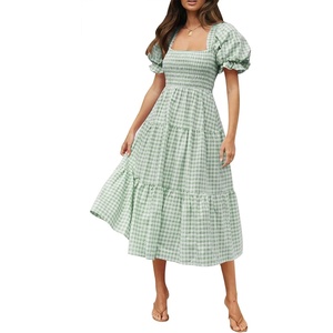 image:imageZESICA Womens Summer Boho Gingham Puff Sleeve Square Neck Beach Midi DressGreen