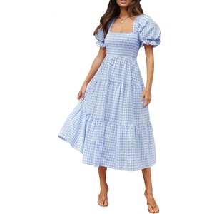 image:imageZESICA Womens Summer Boho Gingham Puff Sleeve Square Neck Beach Midi DressLightblue