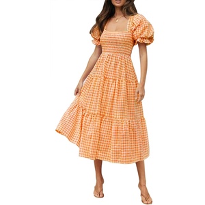 image:imageZESICA Womens Summer Boho Gingham Puff Sleeve Square Neck Beach Midi DressOrange