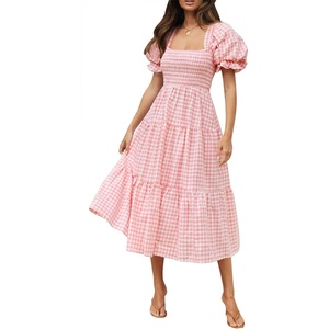 image:imageZESICA Womens Summer Boho Gingham Puff Sleeve Square Neck Beach Midi DressPink