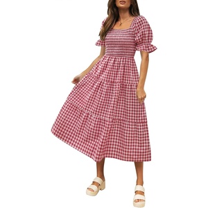 image:imageZESICA Womens Summer Boho Gingham Puff Sleeve Square Neck Beach Midi DressRed