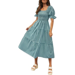 image:imageZESICA Womens Summer Boho Gingham Puff Sleeve Square Neck Beach Midi DressTeal