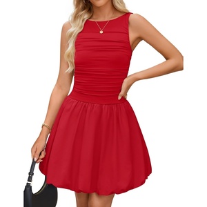 image:imageZESICA Womens Summer Bubble Sleeveless Boat Neck Mini DresssRed