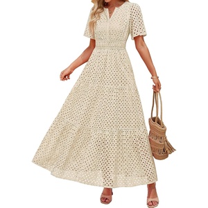 image:imageZESICA Womens Summer Casual V Neck Eyelet A Line Maxi DressesApricot