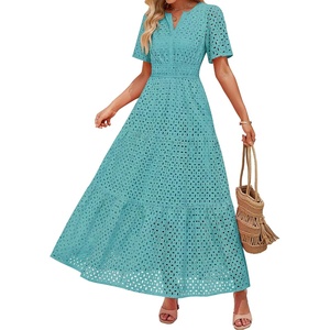 image:imageZESICA Womens Summer Casual V Neck Eyelet A Line Maxi DressesAqua