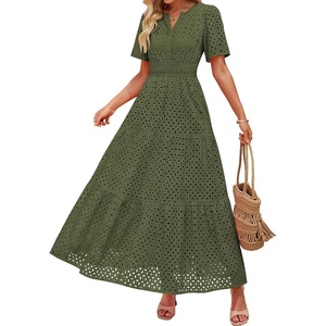 image:imageZESICA Womens Summer Casual V Neck Eyelet A Line Maxi DressesArmy Green