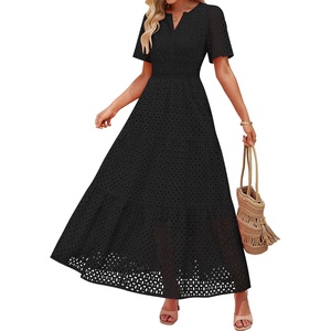 image:imageZESICA Womens Summer Casual V Neck Eyelet A Line Maxi DressesBlack