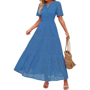 image:imageZESICA Womens Summer Casual V Neck Eyelet A Line Maxi DressesCobalt