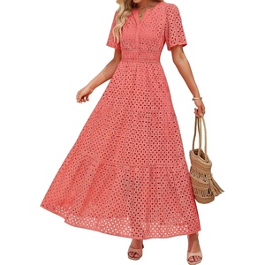 image:imageZESICA Womens Summer Casual V Neck Eyelet A Line Maxi DressesPeach