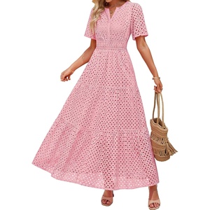 image:imageZESICA Womens Summer Casual V Neck Eyelet A Line Maxi DressesPink