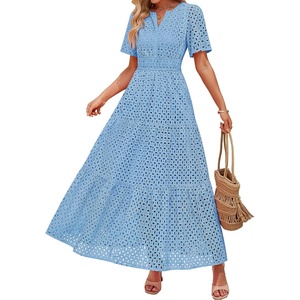 image:imageZESICA Womens Summer Casual V Neck Eyelet A Line Maxi DressesSky