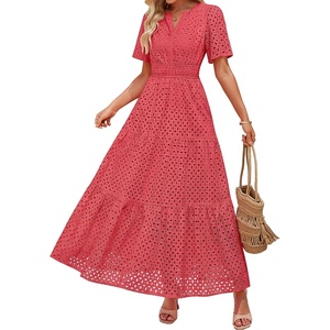 image:imageZESICA Womens Summer Casual V Neck Eyelet A Line Maxi DressesWatermelon