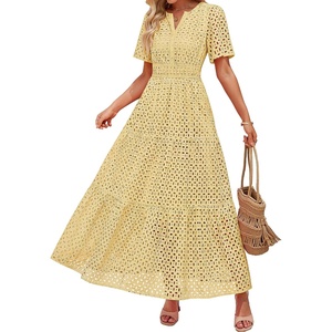 image:imageZESICA Womens Summer Casual V Neck Eyelet A Line Maxi DressesYellow