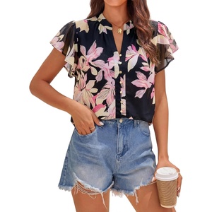 image:imageZESICA Womens Summer Floral Chiffon Tops Short Sleeve BlouseBlack