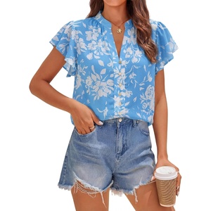 image:imageZESICA Womens Summer Floral Chiffon Tops Short Sleeve BlouseBlue