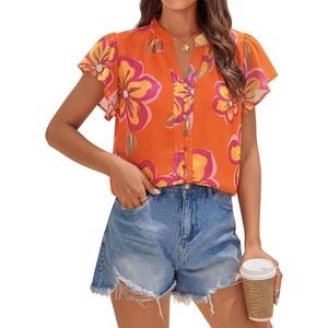image:imageZESICA Womens Summer Floral Chiffon Tops Short Sleeve BlouseOrange