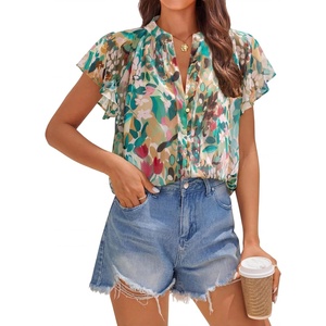 image:imageZESICA Womens Summer Floral Chiffon Tops Short Sleeve BlousePink Green
