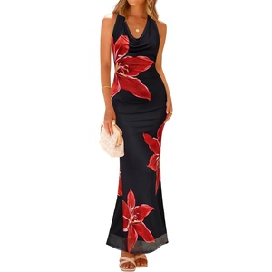 image:imageZESICA Womens Summer Floral Halter Neck Sleeveless Maxi DressBlack