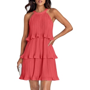 image:imageZESICA Womens Summer Halter Ruffle Tiered Cocktail Mini DressesCoral