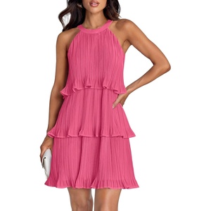 image:imageZESICA Womens Summer Halter Ruffle Tiered Cocktail Mini DressesHot Pink