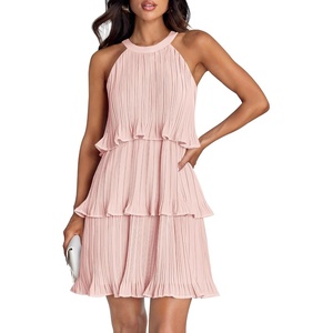 image:imageZESICA Womens Summer Halter Ruffle Tiered Cocktail Mini DressesPink