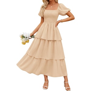 image:imageZESICA Womens Summer Short Puff Sleeve Flowy Tiered Midi DressApricot
