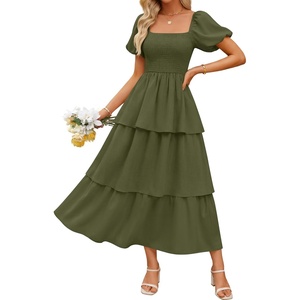 image:imageZESICA Womens Summer Short Puff Sleeve Flowy Tiered Midi DressArmy Green