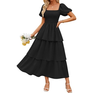 image:imageZESICA Womens Summer Short Puff Sleeve Flowy Tiered Midi DressBlack