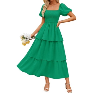image:imageZESICA Womens Summer Short Puff Sleeve Flowy Tiered Midi DressGreen
