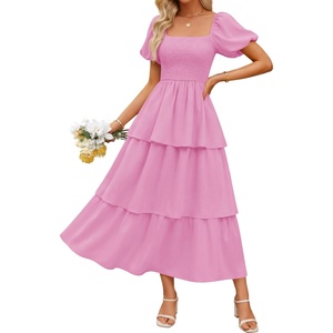 image:imageZESICA Womens Summer Short Puff Sleeve Flowy Tiered Midi DressPink