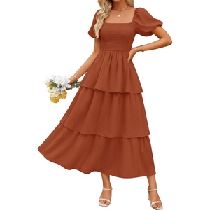image:imageZESICA Womens Summer Short Puff Sleeve Flowy Tiered Midi DressRust