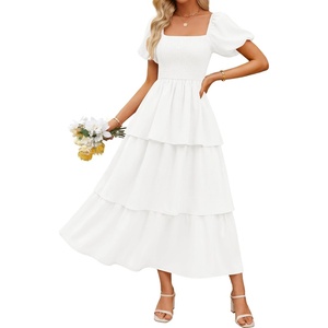 image:imageZESICA Womens Summer Short Puff Sleeve Flowy Tiered Midi DressWhite