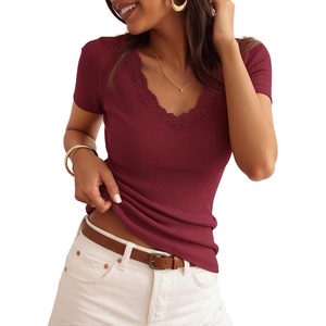 image:imageZESICA Womens Summer Short Sleeve Lace V Neck Tops Fitted Cute Work ShirtsBurgundy