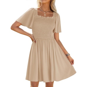 image:imageZESICA Womens Summer Short Sleeve Square Neck Smocked Mini DressApricot