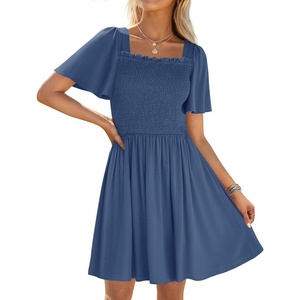image:imageZESICA Womens Summer Short Sleeve Square Neck Smocked Mini DressDustyblue