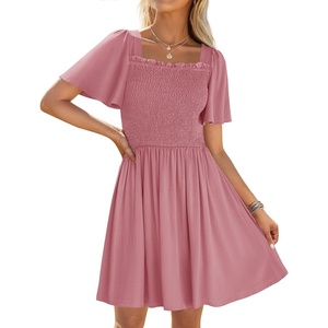 image:imageZESICA Womens Summer Short Sleeve Square Neck Smocked Mini DressPink