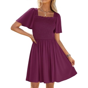 image:imageZESICA Womens Summer Short Sleeve Square Neck Smocked Mini DressPlum