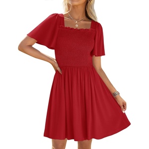 image:imageZESICA Womens Summer Short Sleeve Square Neck Smocked Mini DressRed