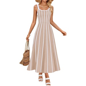 image:imageZESICA Womens Summer Sleeveless Striped Vacation Midi DressOatmeal