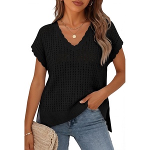image:imageZESICA Womens Summer Sweater Vest Crochet Eyelet Cap Sleeve Cute Beach TopBlack
