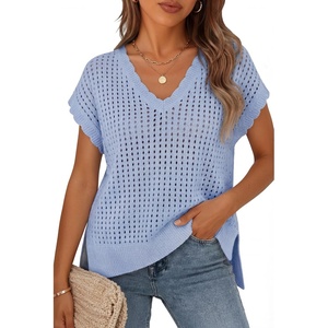 image:imageZESICA Womens Summer Sweater Vest Crochet Eyelet Cap Sleeve Cute Beach TopBlue
