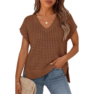 image:imageZESICA Womens Summer Sweater Vest Crochet Eyelet Cap Sleeve Cute Beach TopChocolate Brown