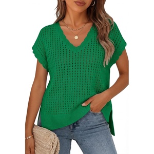 image:imageZESICA Womens Summer Sweater Vest Crochet Eyelet Cap Sleeve Cute Beach TopGreen
