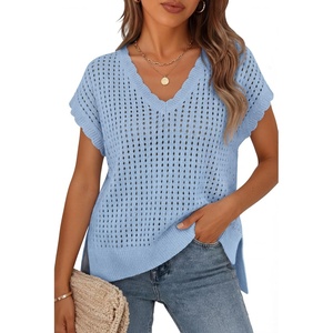 image:imageZESICA Womens Summer Sweater Vest Crochet Eyelet Cap Sleeve Cute Beach TopLight Blue